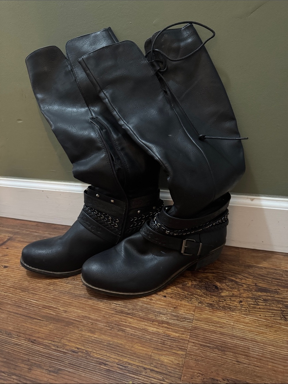 SO Black Over-the-Knee Boots with Buckle & Braided Strap